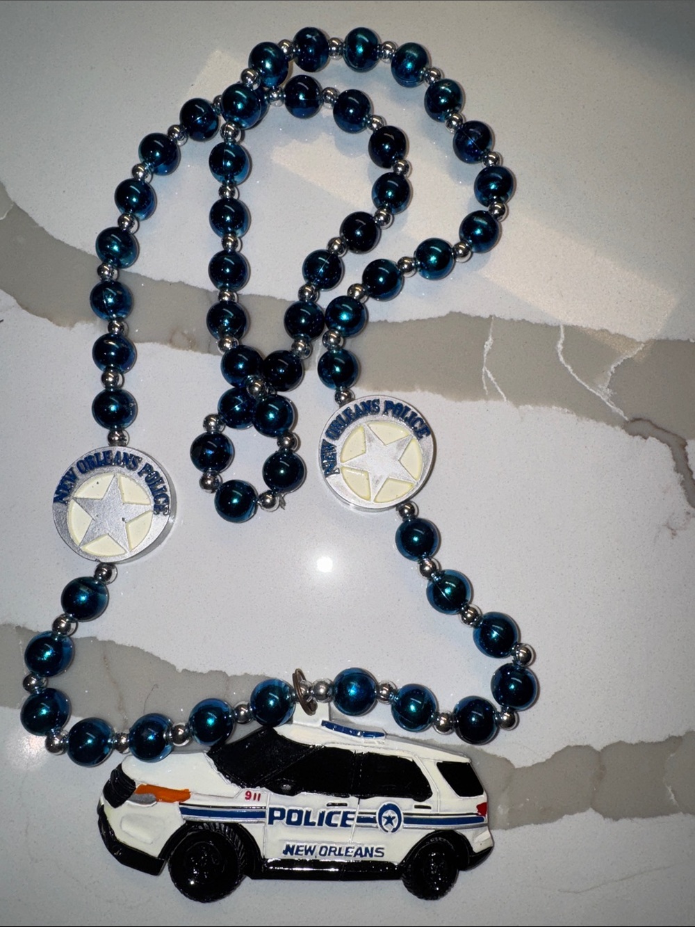 New Orleans Police Bead Necklace with Patrol SUV Pendant - Teal Blue